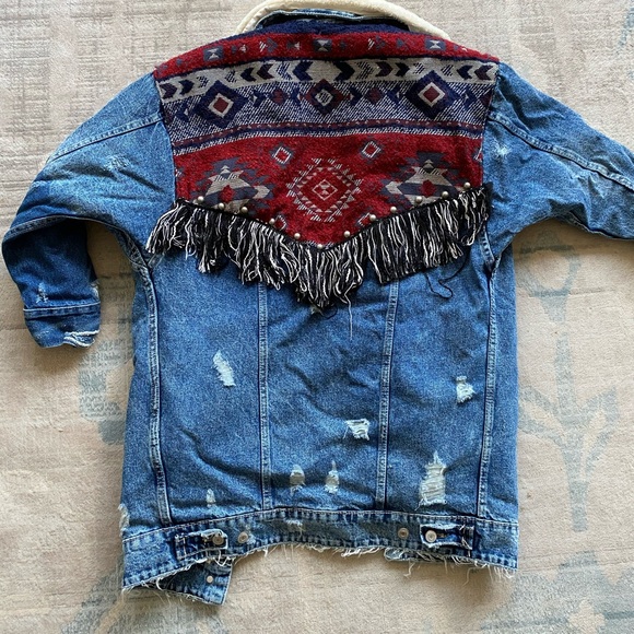 Zara Denim Sherpa Coat with Fabric Pattern - Picture 5 of 6